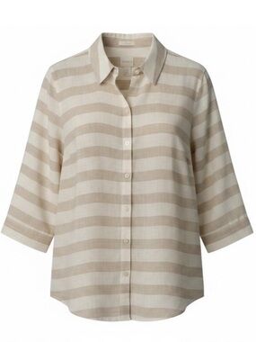 Chico's Beige White Striped Button-Down Shirt Linen No Iron size M Rebecca Pants